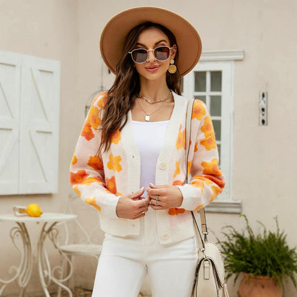 Women Cardigan Open Front Long Sleeve Button Down V-Neck Knit Floral Sweater