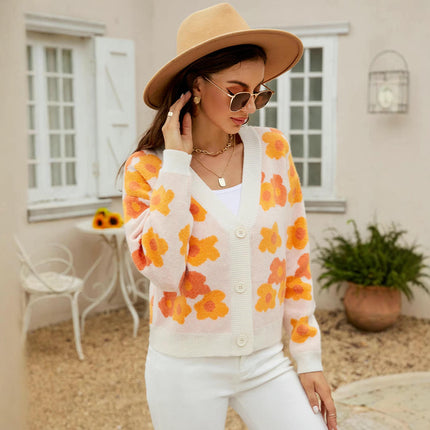 Women Cardigan Open Front Long Sleeve Button Down V-Neck Knit Floral Sweater