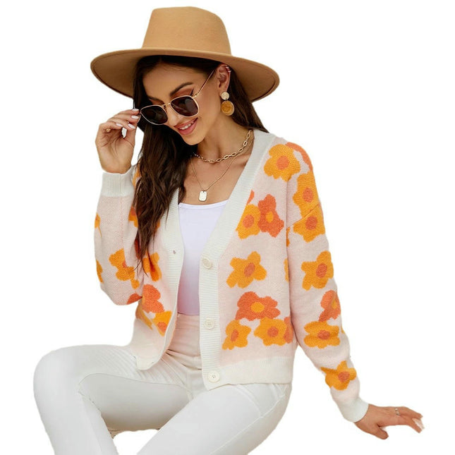 Women Cardigan Open Front Long Sleeve Button Down V-Neck Knit Floral Sweater