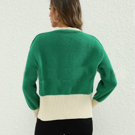 Women's Color Block V Neck Long Sleeve Button Front Knit Cardigan Sweater-A1