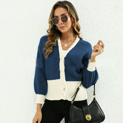 Women's Color Block V Neck Long Sleeve Button Front Knit Cardigan Sweater-A1