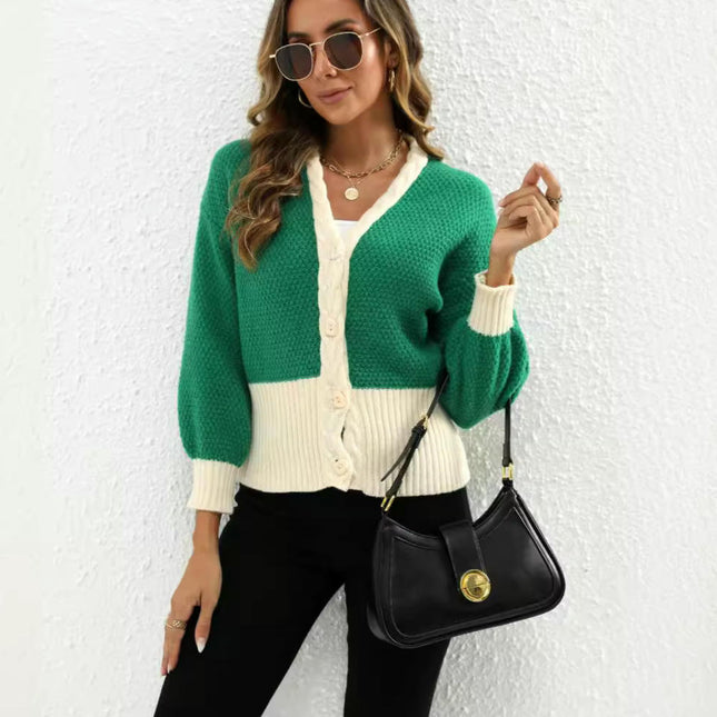Women's Color Block V Neck Long Sleeve Button Front Knit Cardigan Sweater-A1
