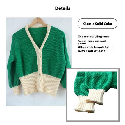 Women's Color Block V Neck Long Sleeve Button Front Knit Cardigan Sweater-A1