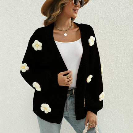 Women Floral Cropped Cardigan Long Sleeve Open Front Knit Sweaters