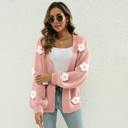 Women Floral Cropped Cardigan Long Sleeve Open Front Knit Sweaters