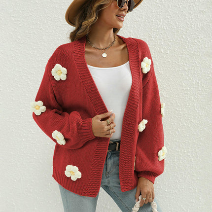 Women Floral Cropped Cardigan Long Sleeve Open Front Knit Sweaters