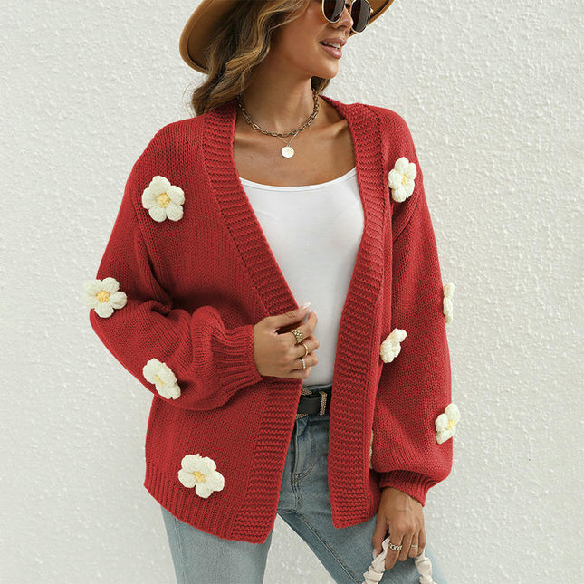 Women Floral Cropped Cardigan Long Sleeve Open Front Knit Sweaters
