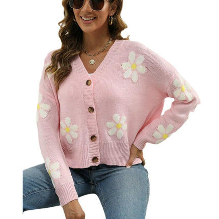 Women's Floral Cardigan Button Up Long Sleeve Knit Cropped Sweaters