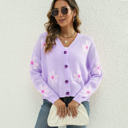 Women's Floral Cardigan Button Up Long Sleeve Knit Cropped Sweaters