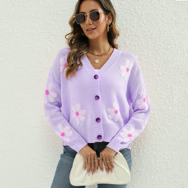 Women's Floral Cardigan Button Up Long Sleeve Knit Cropped Sweaters