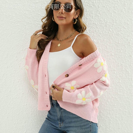 Women's Floral Cardigan Button Up Long Sleeve Knit Cropped Sweaters