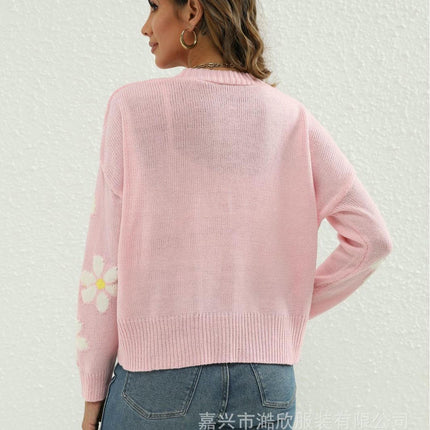 Women's Floral Cardigan Button Up Long Sleeve Knit Cropped Sweaters