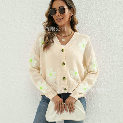 Women's Floral Cardigan Button Up Long Sleeve Knit Cropped Sweaters