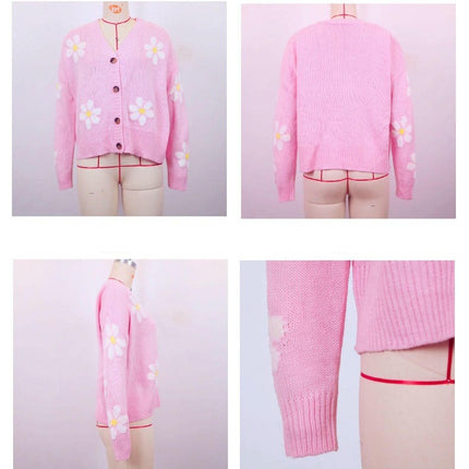 Women's Floral Cardigan Button Up Long Sleeve Knit Cropped Sweaters