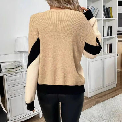 Women's Button Down Long Sleeve Ribbed Knit Cardigan Loose Color Block Sweater