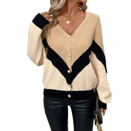 Women's Button Down Long Sleeve Ribbed Knit Cardigan Loose Color Block Sweater
