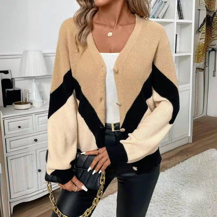 Women's Button Down Long Sleeve Ribbed Knit Cardigan Loose Color Block Sweater
