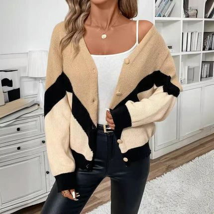 Women's Button Down Long Sleeve Ribbed Knit Cardigan Loose Color Block Sweater