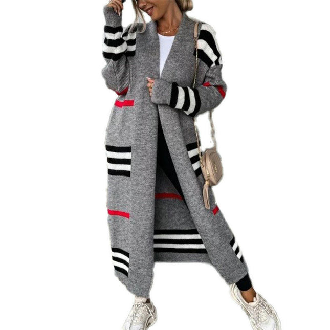 Women's Long Open Front Cardigans Striped Color Block Knit Sweaters Outwear