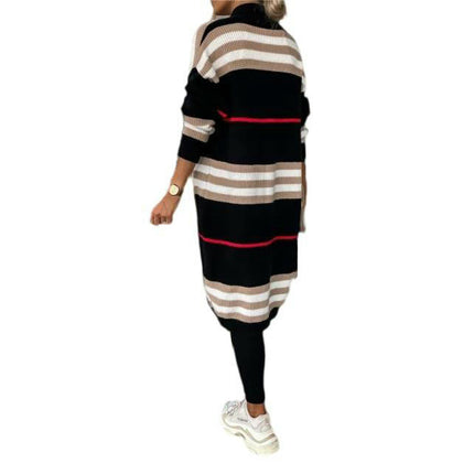 Women's Long Open Front Cardigans Striped Color Block Knit Sweaters Outwear