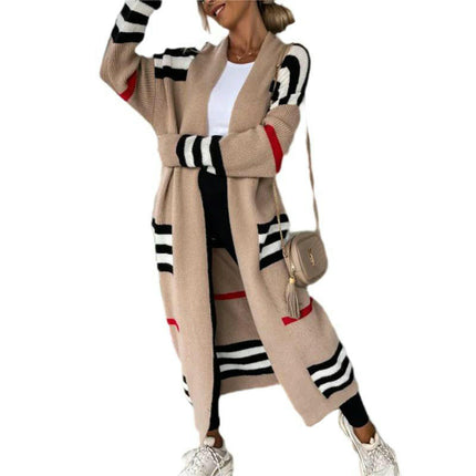 Women's Long Open Front Cardigans Striped Color Block Knit Sweaters Outwear
