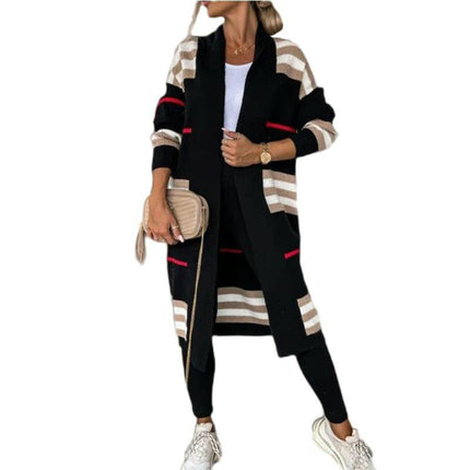 Women's Long Open Front Cardigans Striped Color Block Knit Sweaters Outwear