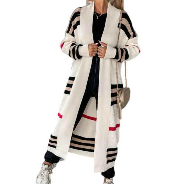 Women's Long Open Front Cardigans Striped Color Block Knit Sweaters Outwear