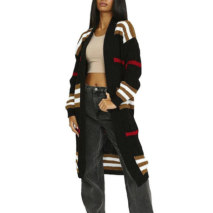 Women's Long Open Front Cardigans Striped Color Block Knit Sweaters Outwear