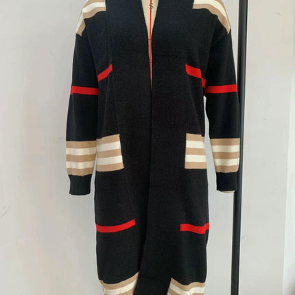 Women's Long Open Front Cardigans Striped Color Block Knit Sweaters Outwear