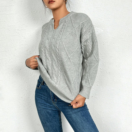 Womens V Neck Sweaters Long Sleeve Cable Knit Pullover Chunky Sweater