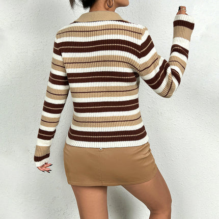 Women's Fall Knit Striped Long Sleeve Sweater Open Front Button Down Cardigan