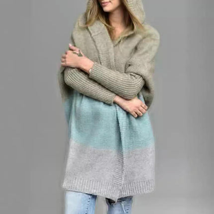 Women's Color Block Open Front Oversized Hooded Long Cardigan Sweaters