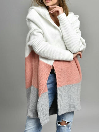 Women's Color Block Open Front Oversized Hooded Long Cardigan Sweaters