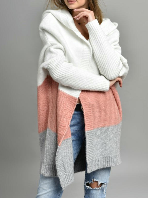 Women's Color Block Open Front Oversized Hooded Long Cardigan Sweaters