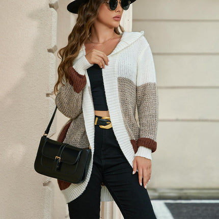 Women's Color Block Hooded Cardigan Casual Open Front Ribbed Knit Sweater
