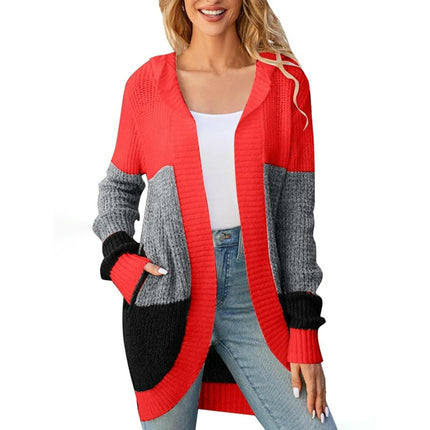 Women's Color Block Hooded Cardigan Casual Open Front Ribbed Knit Sweater