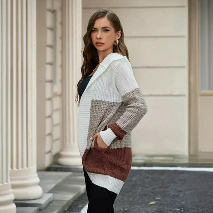 Women's Color Block Hooded Cardigan Casual Open Front Ribbed Knit Sweater