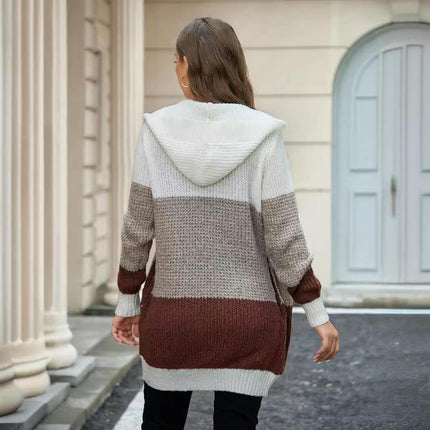 Women's Color Block Hooded Cardigan Casual Open Front Ribbed Knit Sweater