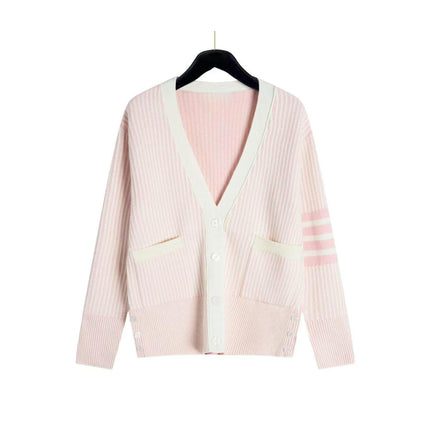 Women's Long Sleeve V Neck Stripe Knitted Sweater Cardigans