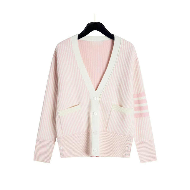 Women's Long Sleeve V Neck Stripe Knitted Sweater Cardigans