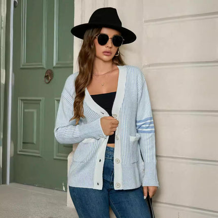 Women's Long Sleeve V Neck Stripe Knitted Sweater Cardigans