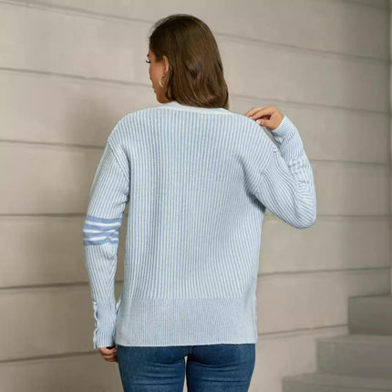 Women's Long Sleeve V Neck Stripe Knitted Sweater Cardigans