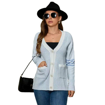 Women's Long Sleeve V Neck Stripe Knitted Sweater Cardigans