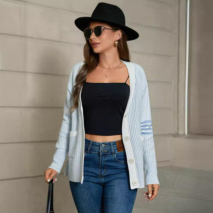 Women's Long Sleeve V Neck Stripe Knitted Sweater Cardigans
