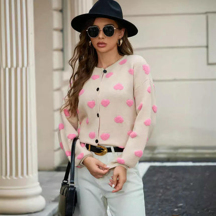 Women's Heart Print Cardigan Long Sleeve Open Front Button Down Knitted Sweaters