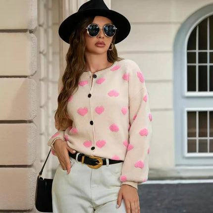Women's Heart Print Cardigan Long Sleeve Open Front Button Down Knitted Sweaters