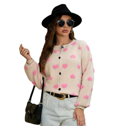 Women's Heart Print Cardigan Long Sleeve Open Front Button Down Knitted Sweaters