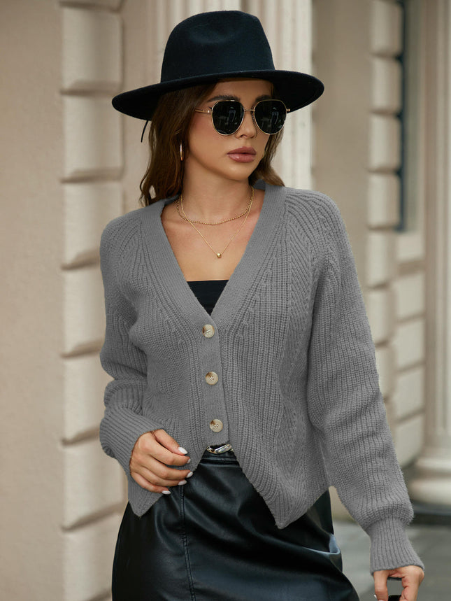 Women's Knit Cardigans Asymmetrical Hem Long Sleeve V Neck Button Down Sweaters