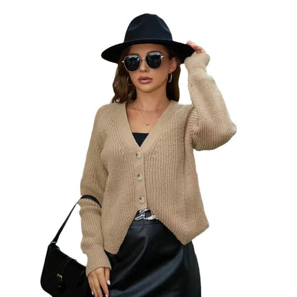 Women's Knit Cardigans Asymmetrical Hem Long Sleeve V Neck Button Down Sweaters