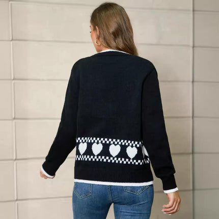 Women Cropped Cardigan Fall Long Sleeve Open Front Heart Print Knit Sweaters